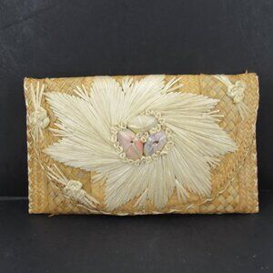 Vintage Straw & Raffia Clutch Handmade Tan and Yellow with Seashell Accents Snap